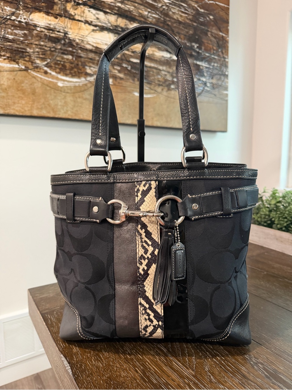 Vintage Coach Hamptons Black Signature Tote with Python Stripe & Tassel Charm